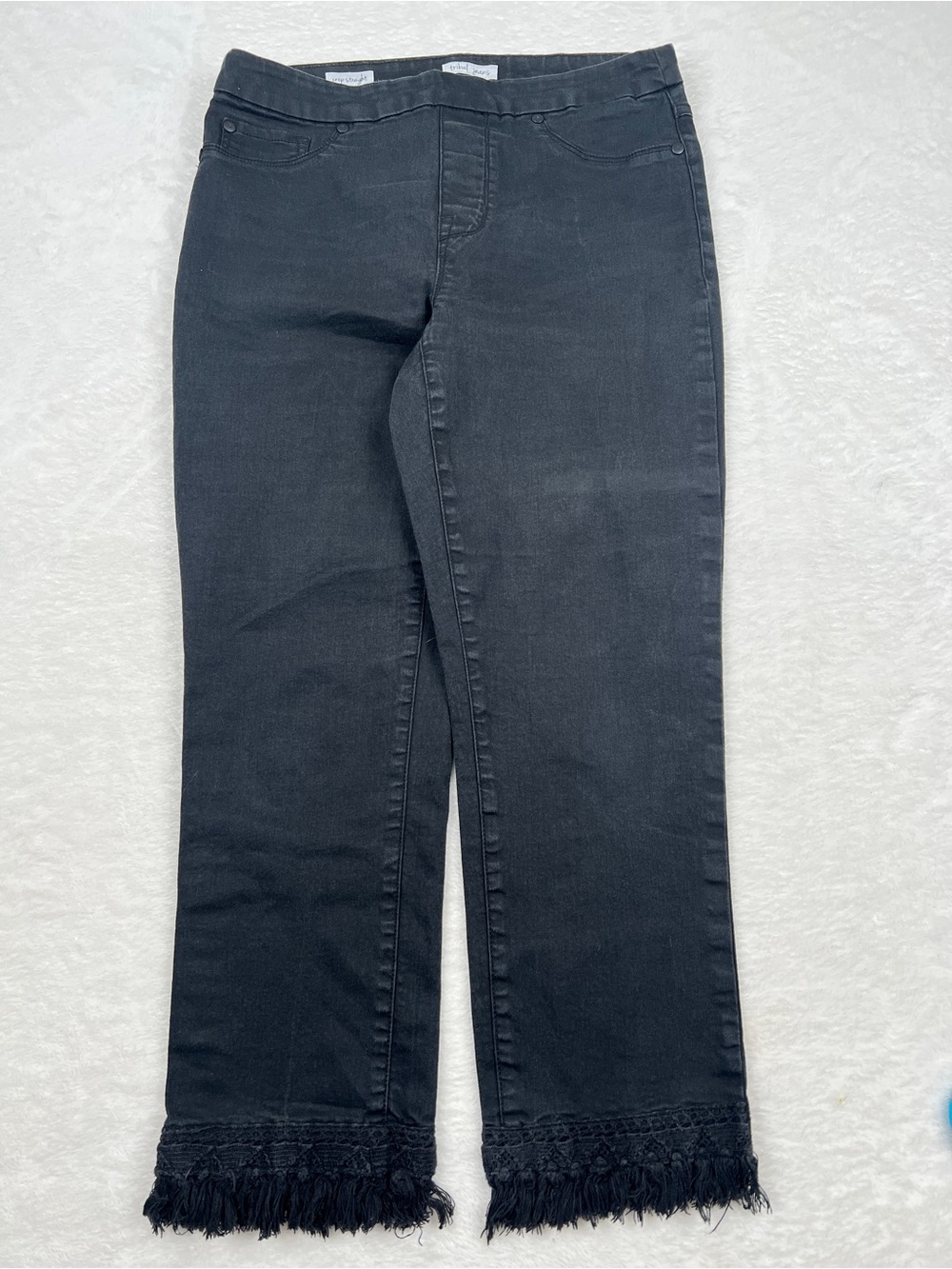 Tribal Jeans Crop Straight Pull On Jeans Black Crochet Fringe Hem Size 6